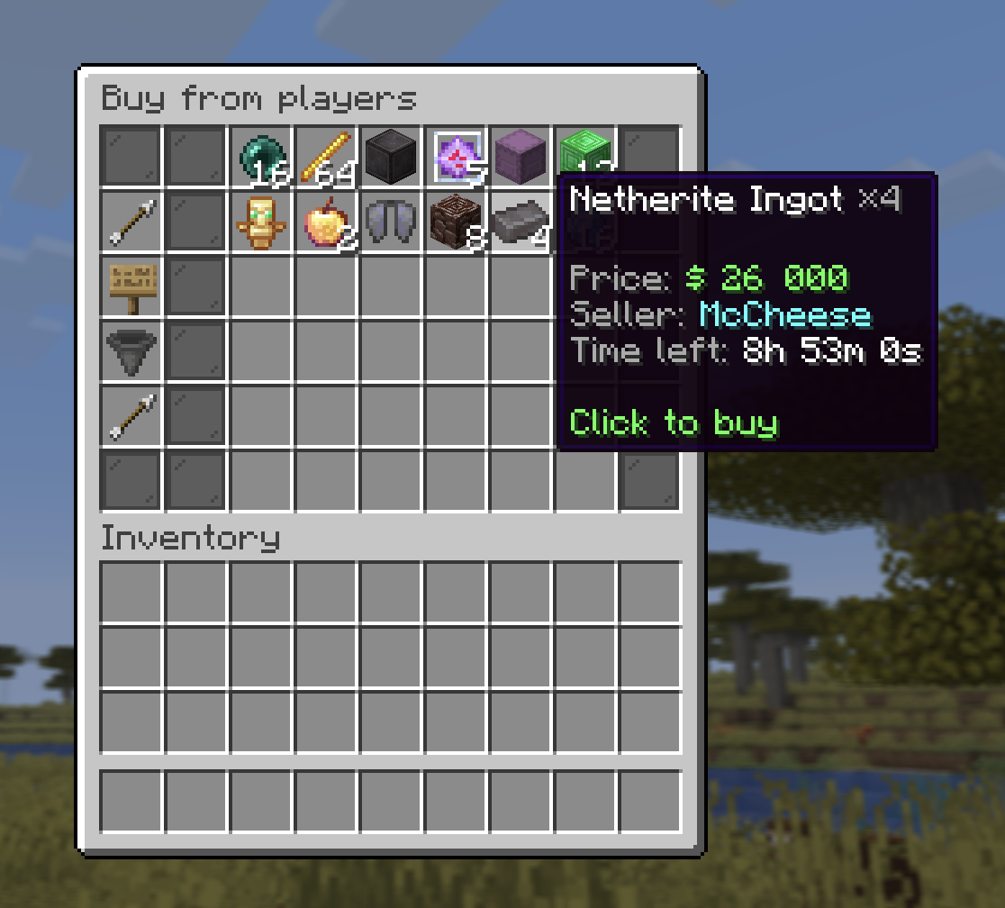 The /ah Buy from players view with several player listings