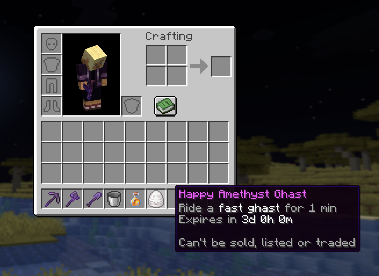 The six Amethyst items in an inventory with their purple glint and 3-day countdown lore