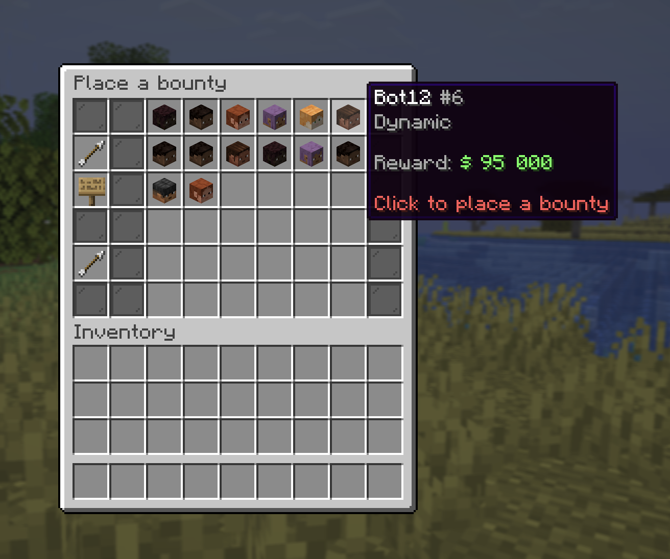 The /bounties board showing player heads ranked by bounty amount