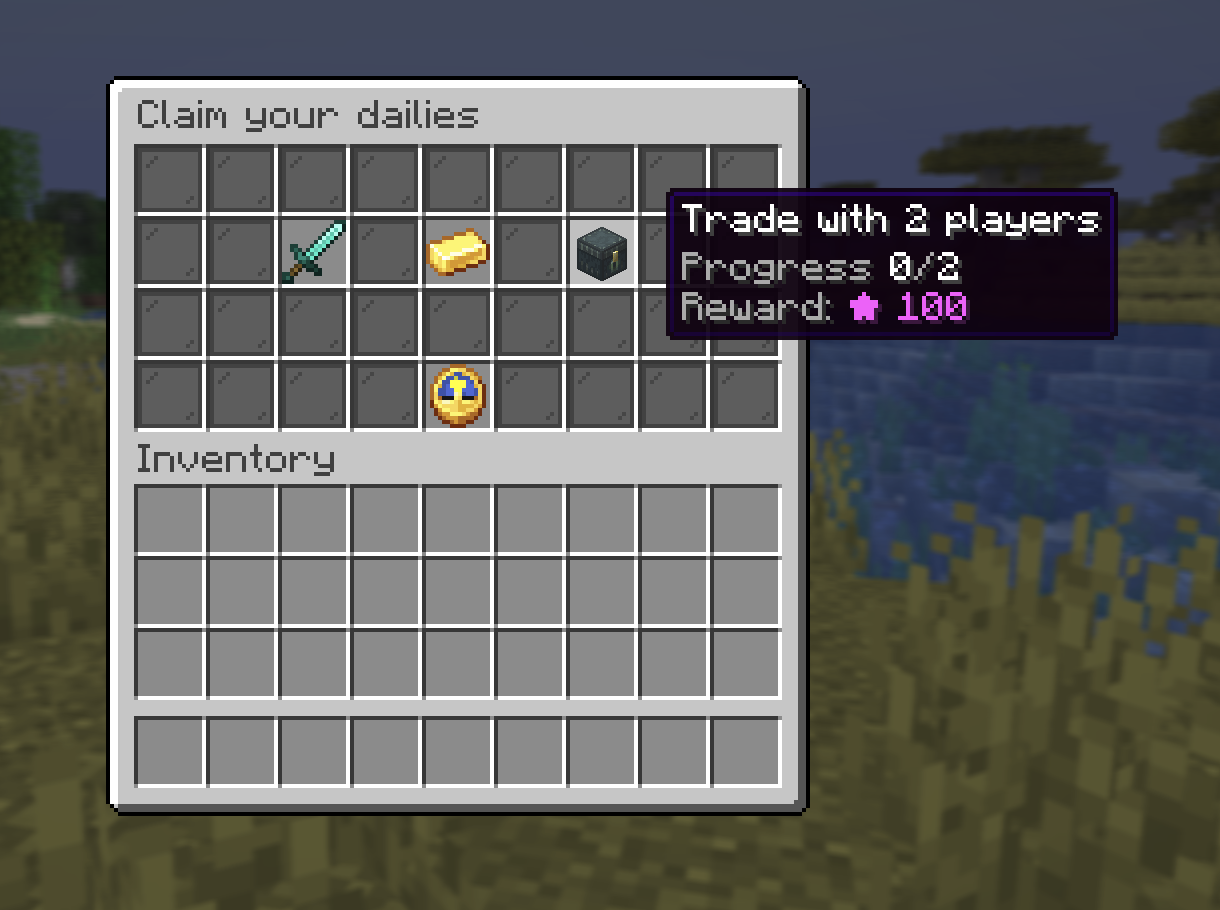 The /daily menu showing three daily quests with progress and claim buttons