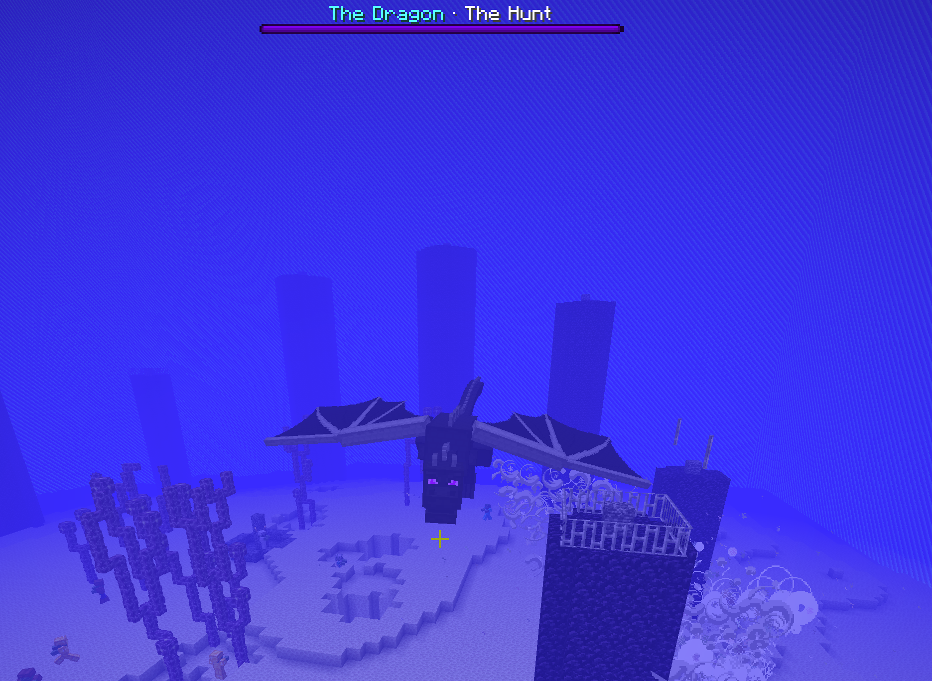The dragon in flight over the island with the boss bar showing its health and the current phase