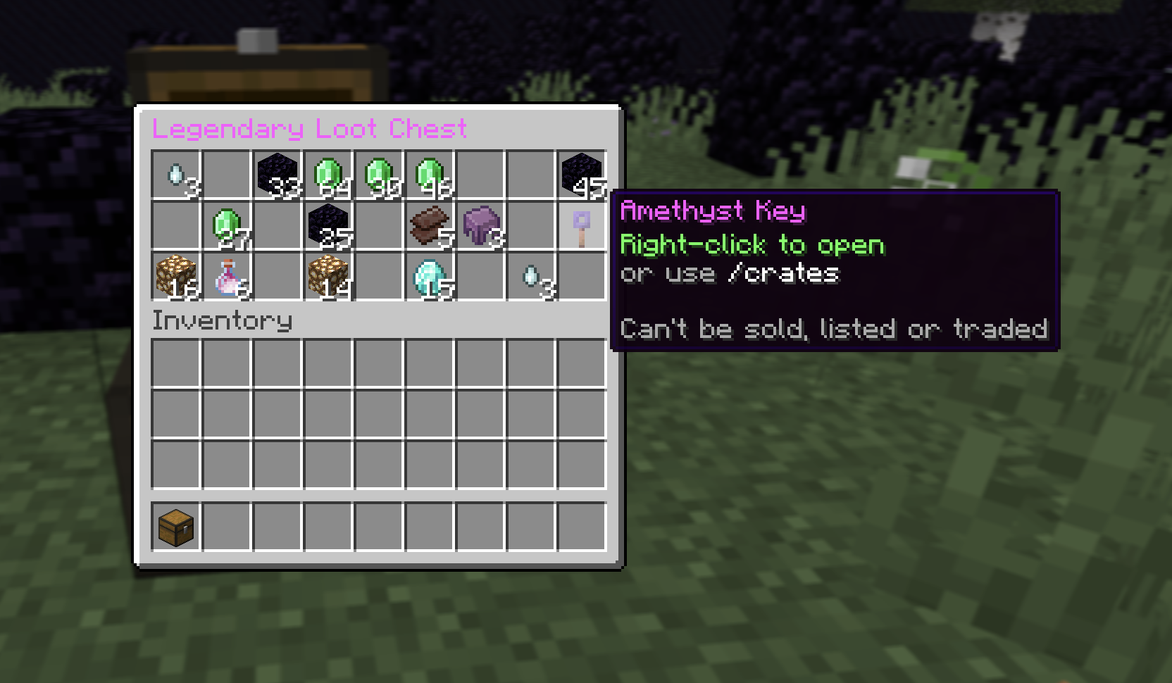 An opened chest filled with loot scattered across its slots after placing a Legendary Loot Chest