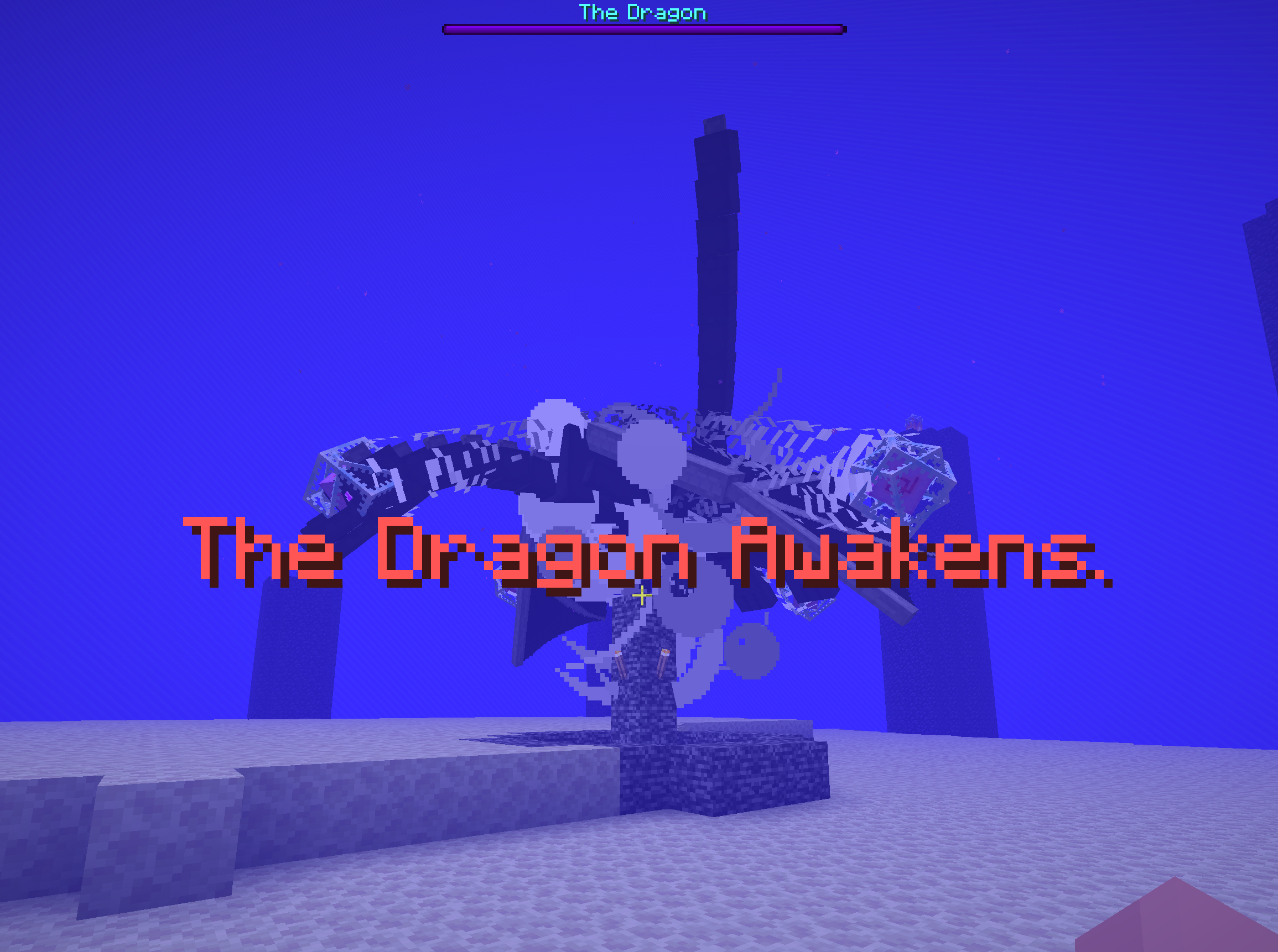 The dragon emerging over the stormy End island during the opening cinematic