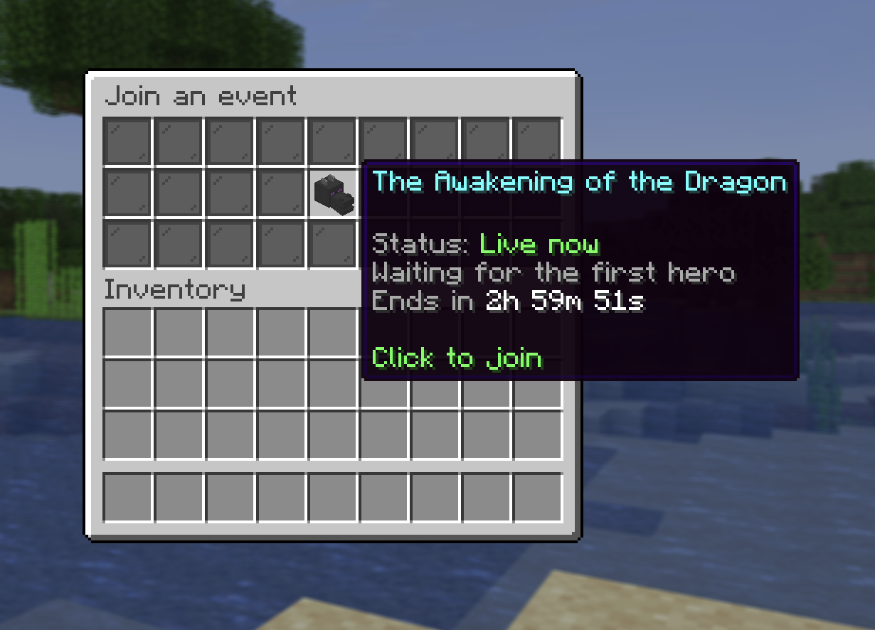 The /events menu showing the dragon event with its status and time left