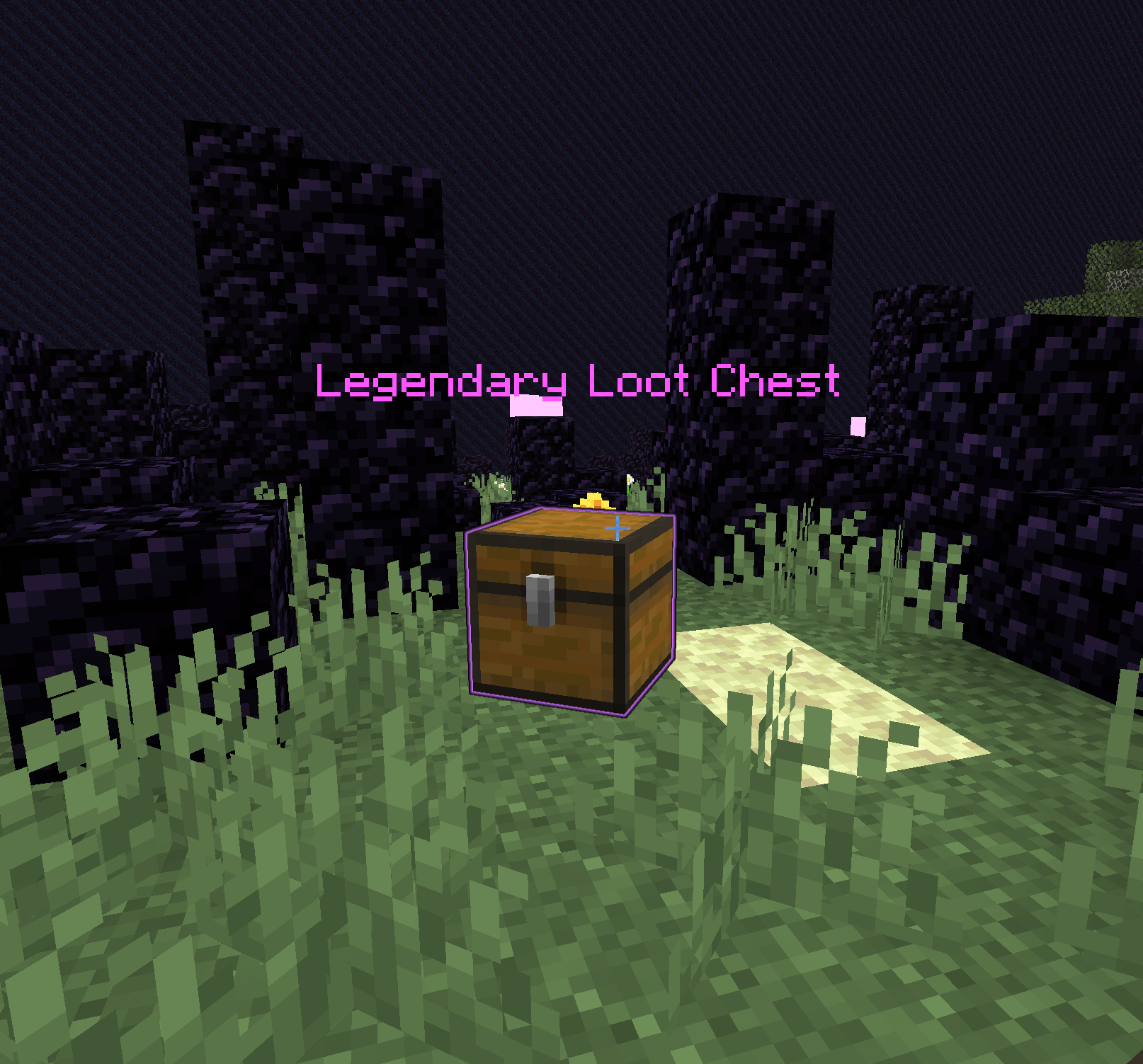 A glowing Legendary Loot Chest hovering and spinning on the ground with its rarity name floating above it