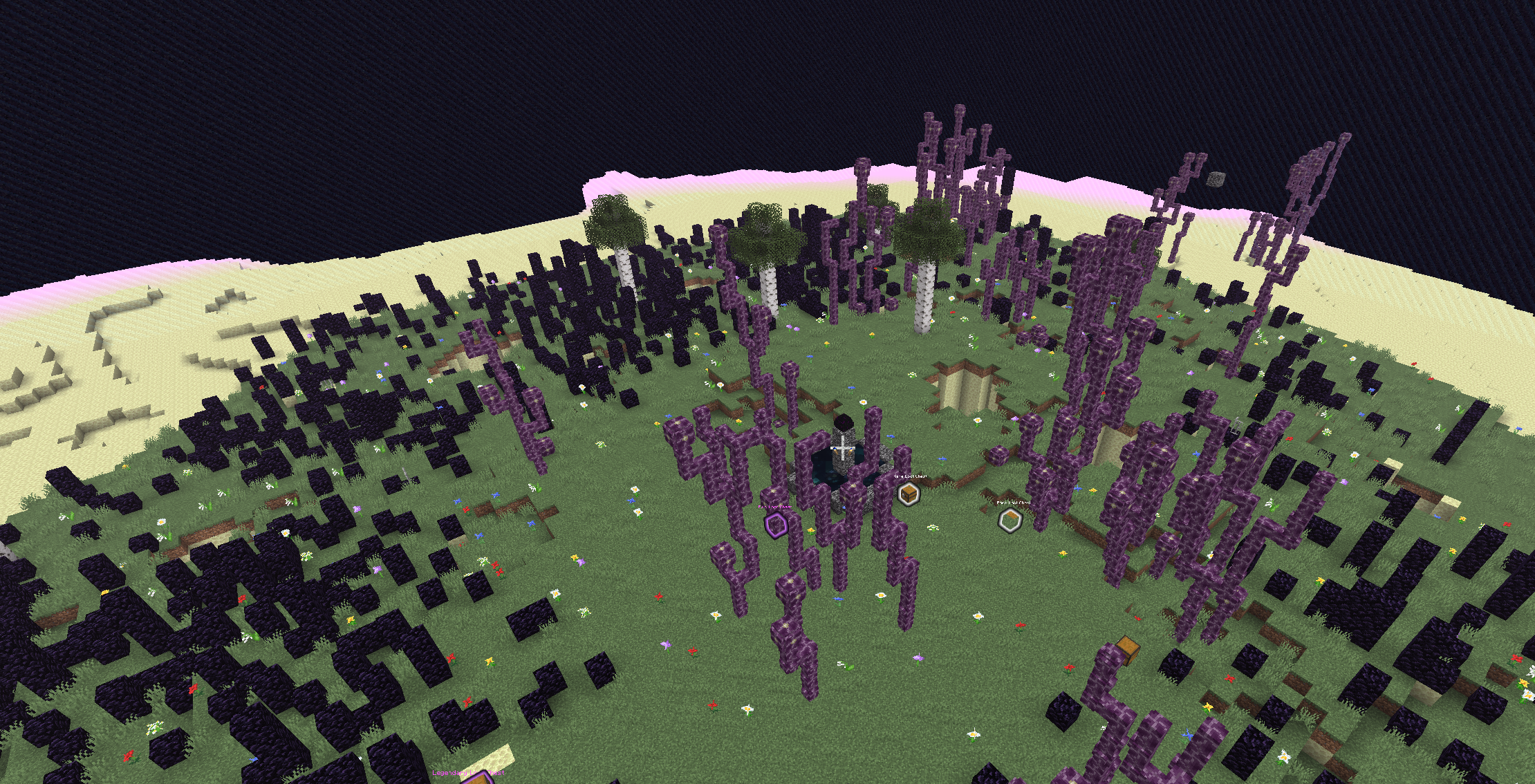 The End island turning to grass with tall birches as the spikes crumble after the kill