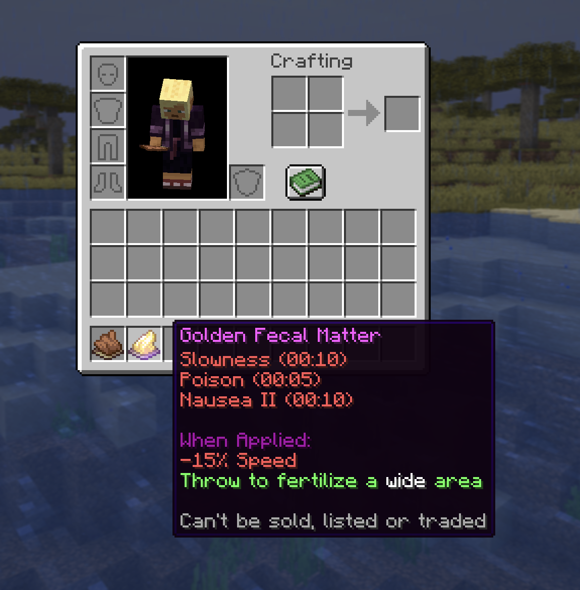 The normal and golden Fecal Matter items in the inventory with their lore