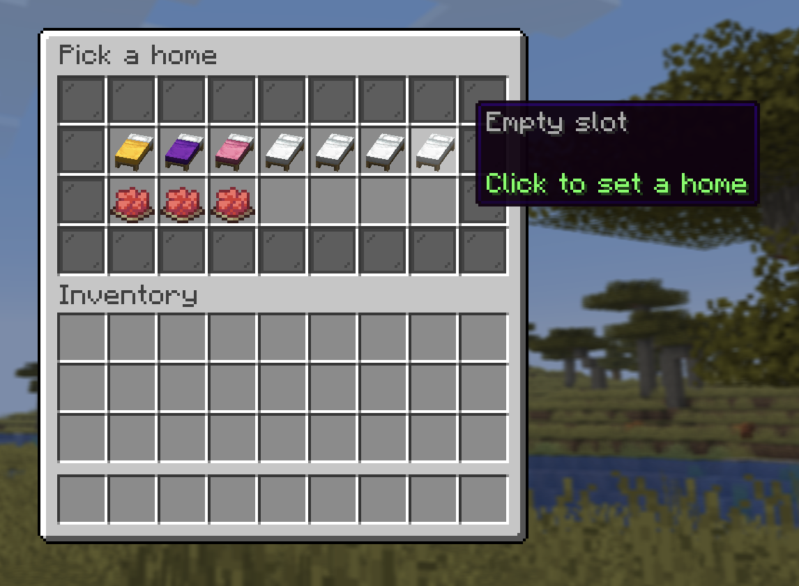 The /homes grid showing set homes as colored beds, an empty slot, and a rank-locked slot