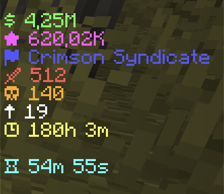 The SMP scoreboard sidebar showing money, shards, kills, deaths, level, playtime, and the keyall countdown