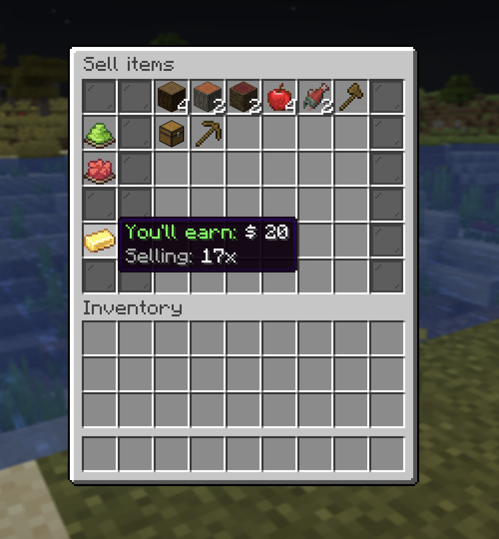 The /sell menu with items in the deposit grid and live earnings on the left