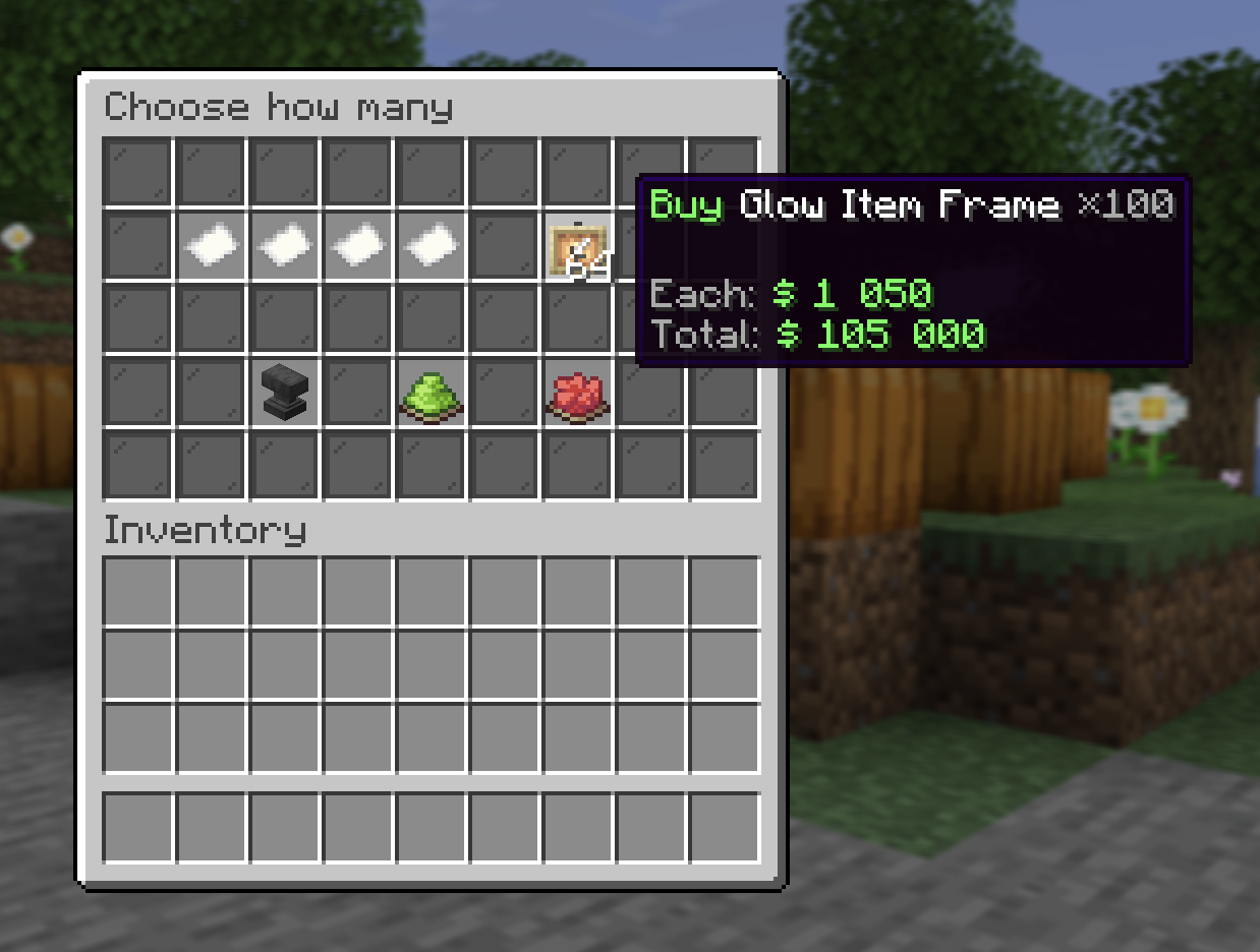 The buy menu with quantity quick buttons and an anvil for a custom amount