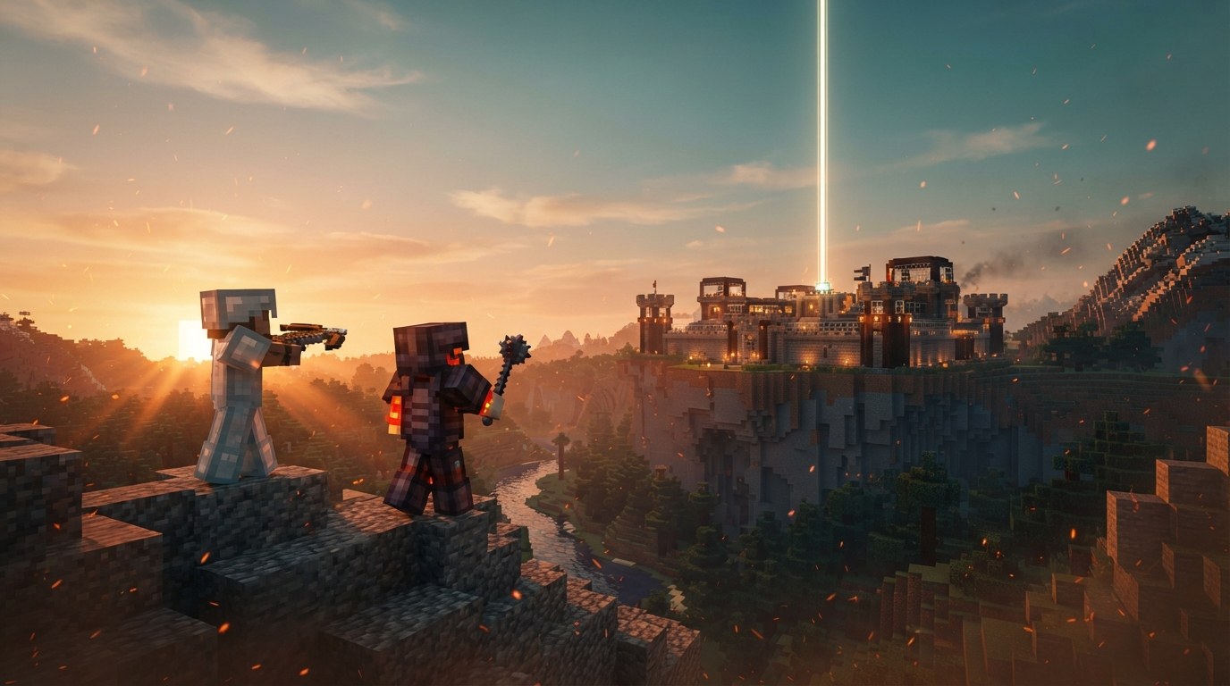 Two armored Minecraft players facing off toward a fortified base with a beacon beam at dusk