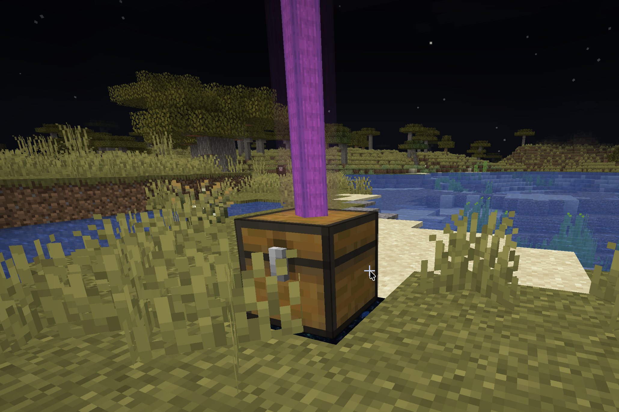 The free starter chest marked with a beam of light, right after first join