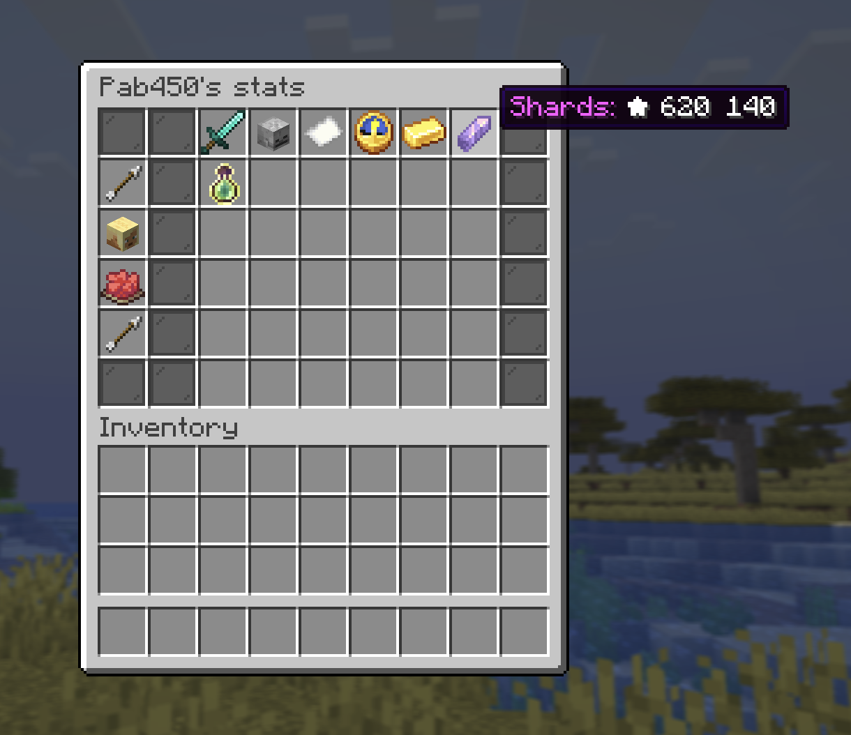 A player's /stats panel with kills, deaths, K/D, playtime, money, shards, and level