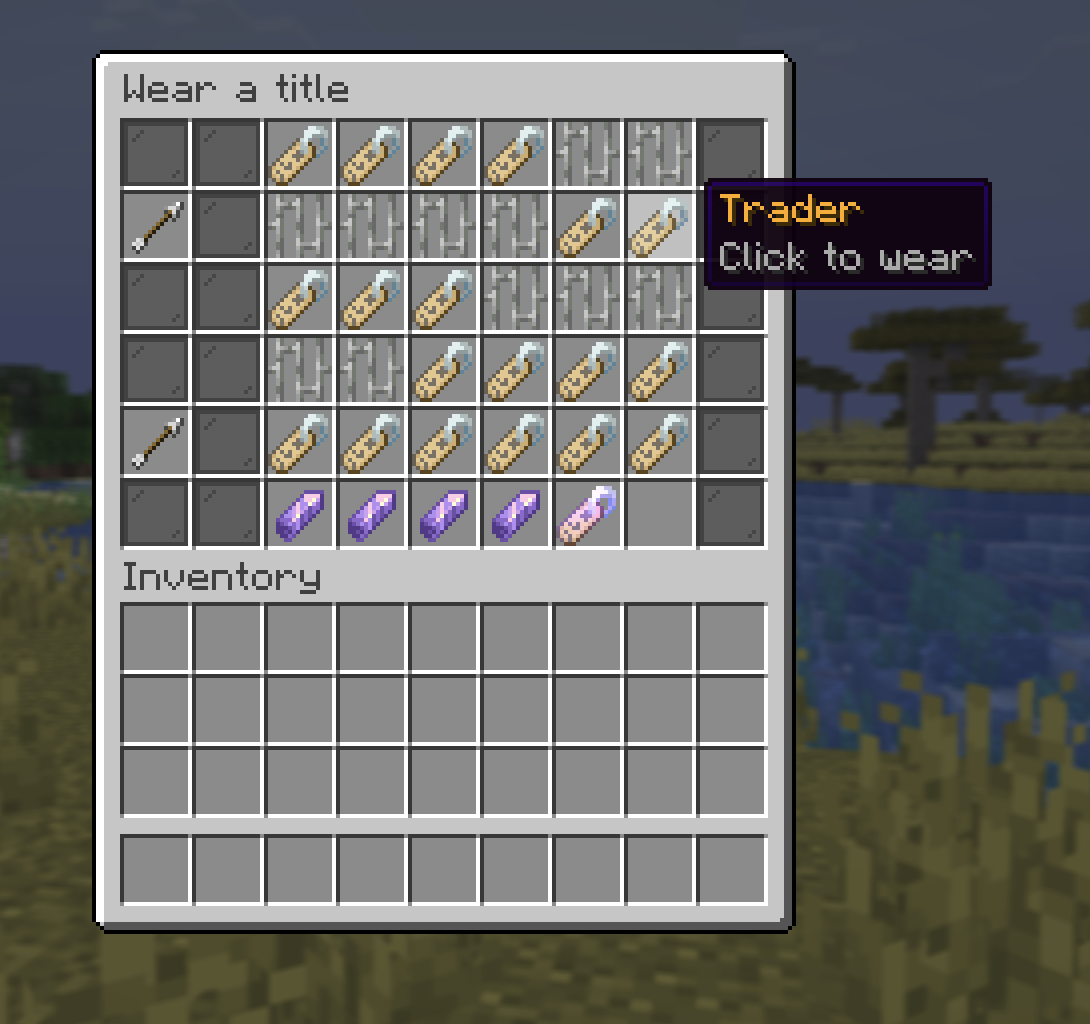 The /titles menu showing earned, locked, and purchasable titles
