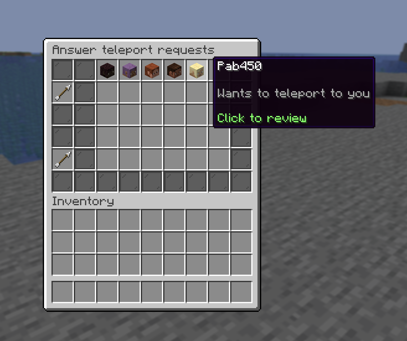 The /tpaccept menu with a head per waiting request, showing the sender and teleport direction