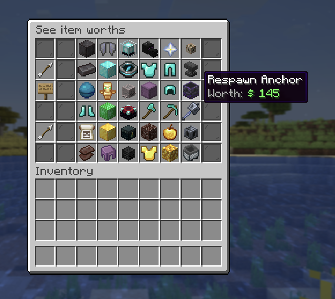 The /worth menu listing items sorted by value